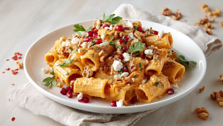 granatapfel-pasta mit walnuessen und ziegenfrischkaese