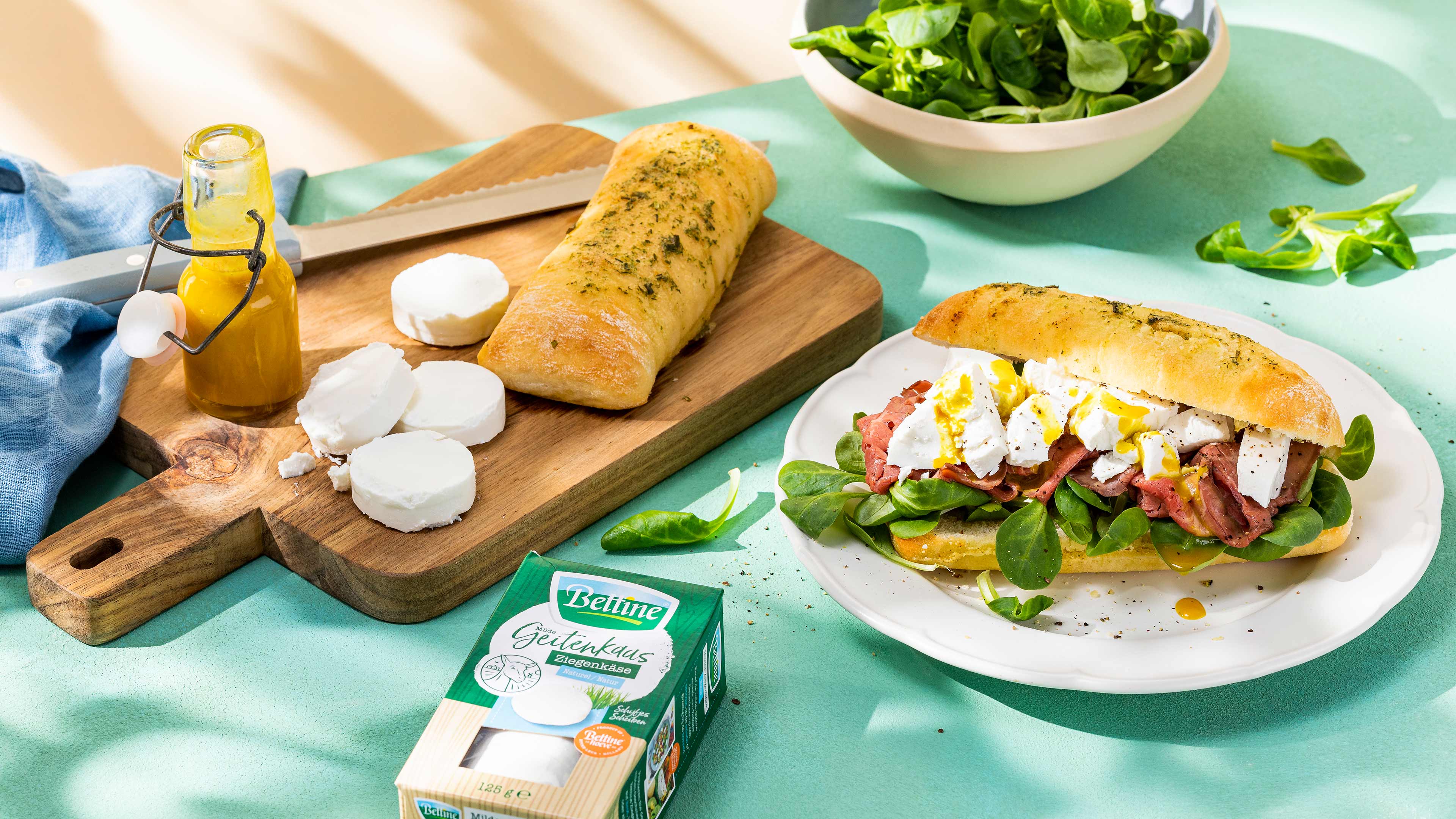 Ciabatta met rosbief en geitenkaas